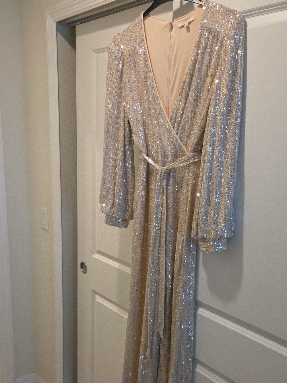 Skies Are Blue Champagne Sequin Wrap Jumpsuit